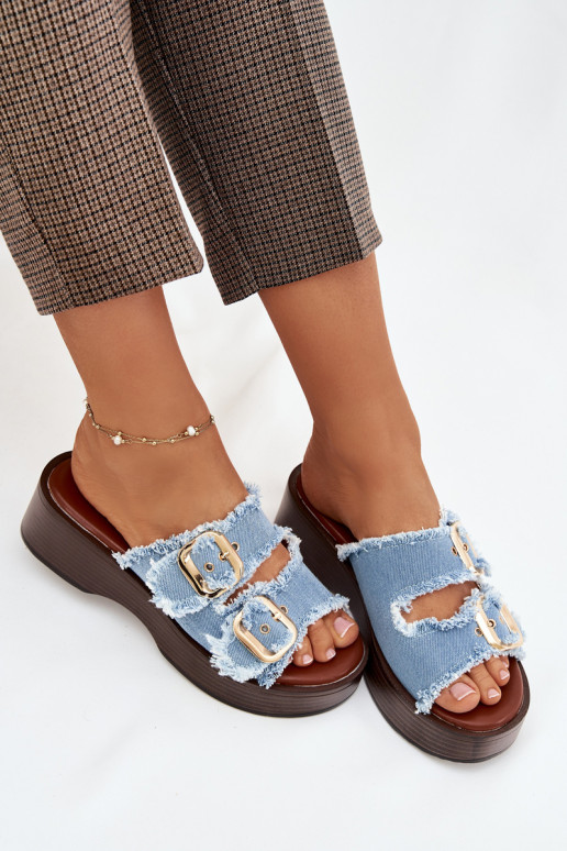 Women's Platform Slippers with Gold Clamps Blue Renelisse