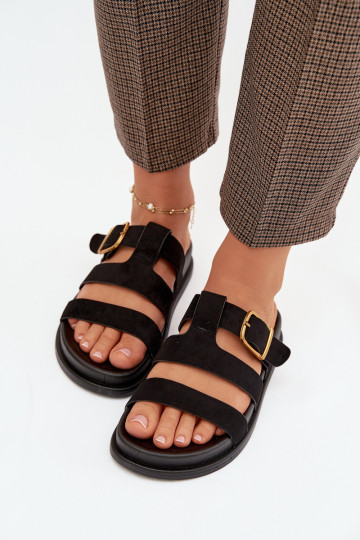 Women's Slippers With Straps And Gold Buckle Black Ulirissa