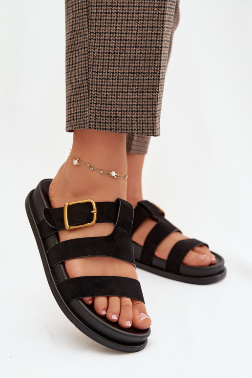 Women's Slippers With Straps And Gold Buckle Black Ulirissa