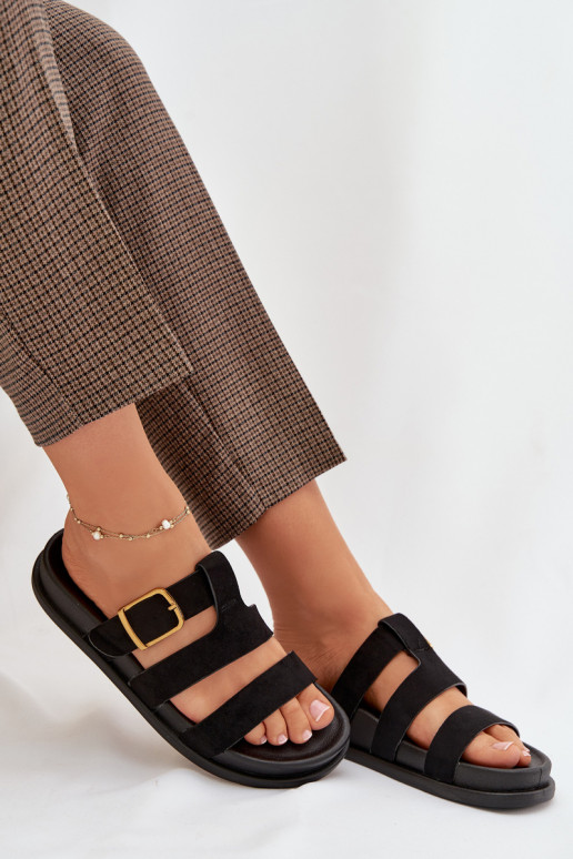 Women's Slippers With Straps And Gold Buckle Black Ulirissa