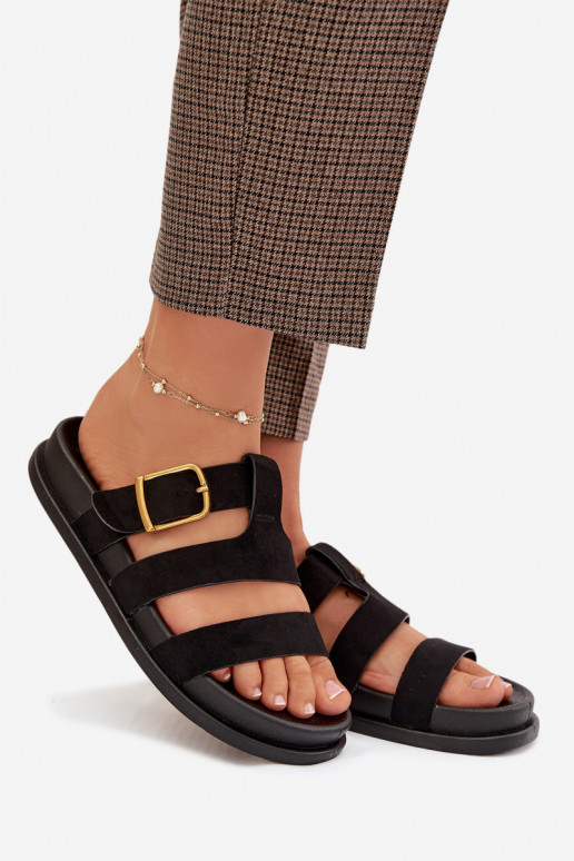 Women's Slippers With Straps And Gold Buckle Black Ulirissa