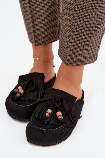 Women's Mules with Fringes and Beads Black Belissa