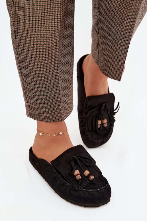 Women's Mules with Fringes and Beads Black Belissa