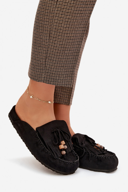 Women's Mules with Fringes and Beads Black Belissa
