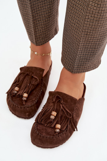 Women s Mules with Fringes and Beads Chocolate Belissa