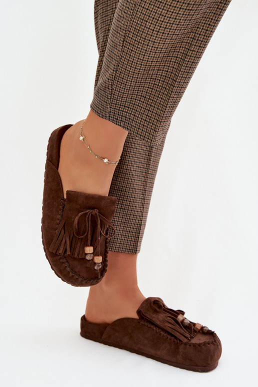 Women s Mules with Fringes and Beads Chocolate Belissa