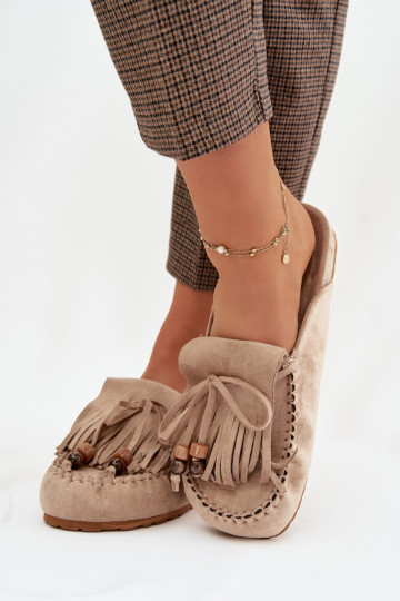 Klapki Damskie Mule Z Frędzlami I Koralikami Beżowe Belissa