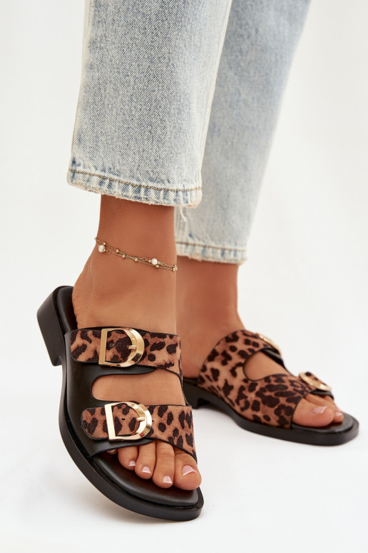 Women's Slippers With Gold Clips Leopard Black-Brown Danelle