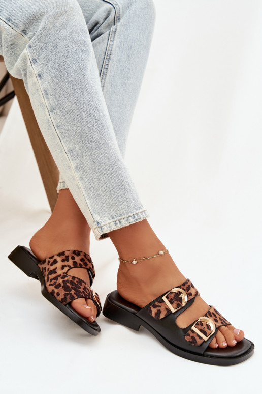 Women's Slippers With Gold Clips Leopard Black-Brown Danelle