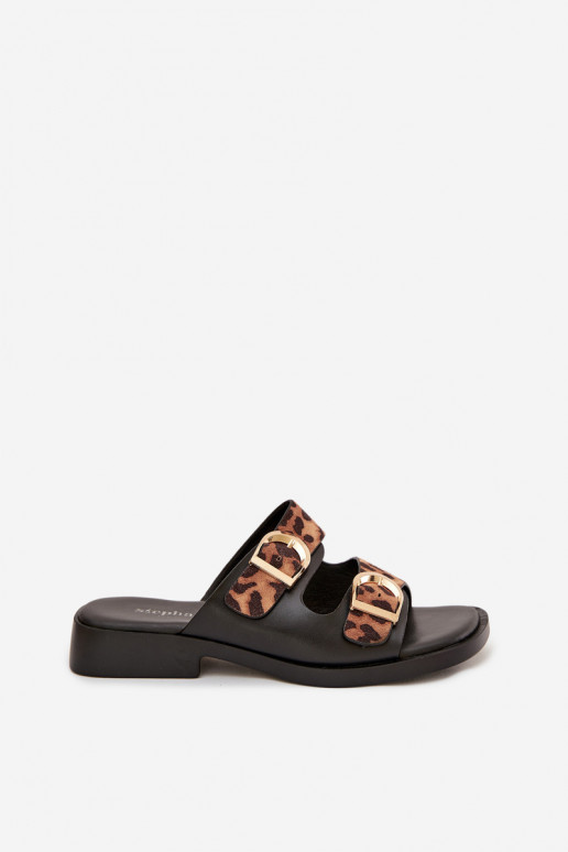 Women's Slippers With Gold Clips Leopard Black-Brown Danelle