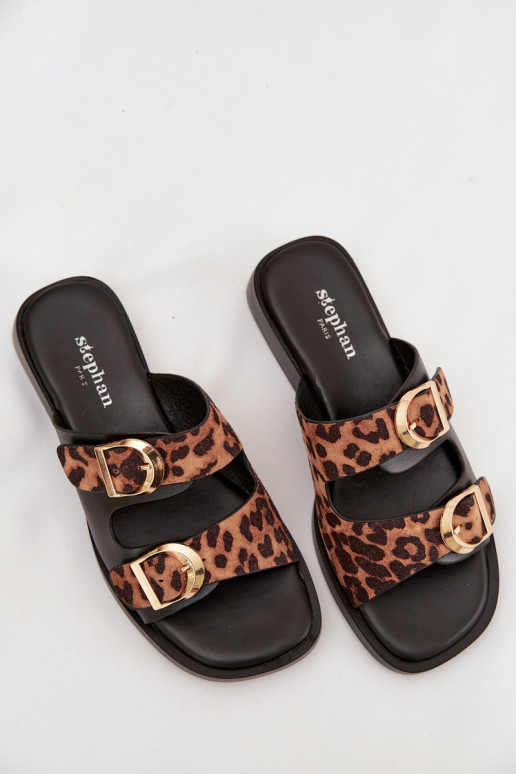 Women's Slippers With Gold Clips Leopard Black-Brown Danelle