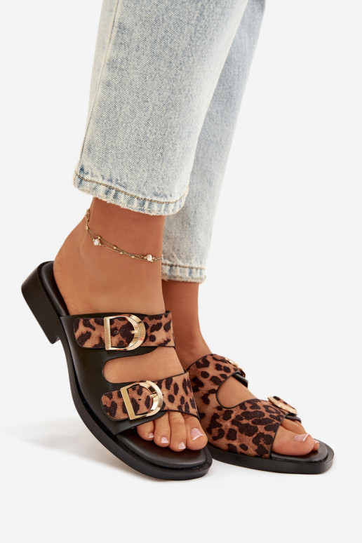 Women's Slippers With Gold Clips Leopard Black-Brown Danelle
