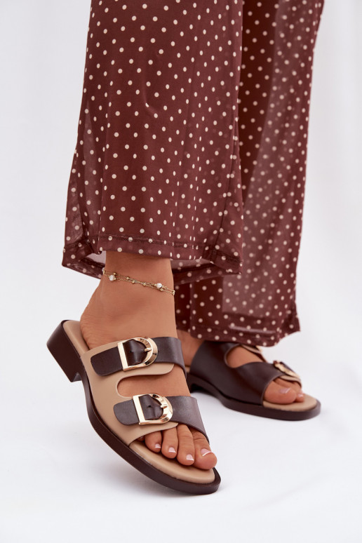 Women's Slippers With Gold Buckles Beige-Brown Danelle