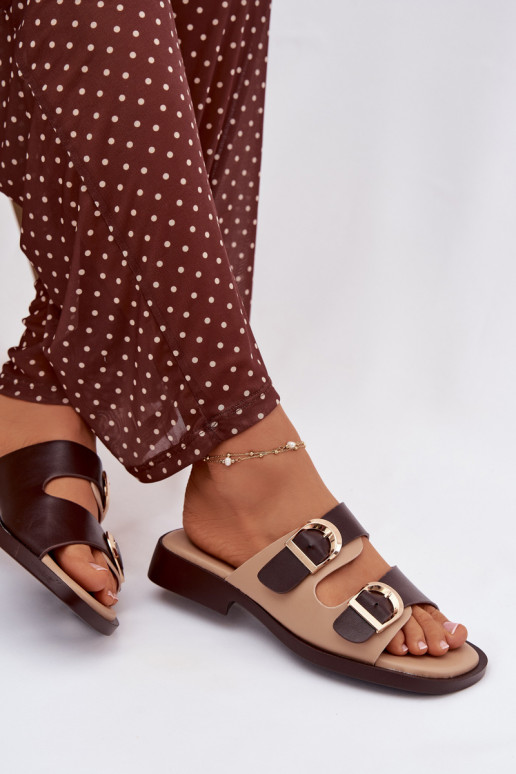 Women's Slippers With Gold Buckles Beige-Brown Danelle