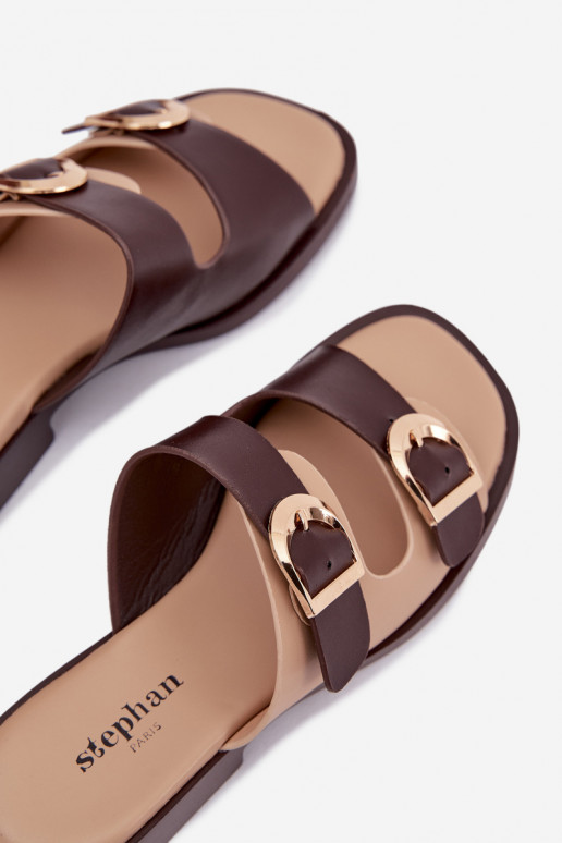 Klapki Damskie Ze Złotymi Klamrami Beżowo-Brązowe Danelle