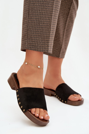 Women's Flat Sandals with Gold Studs Black Girella