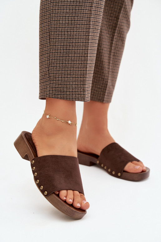 Women's Flat Sandals with Gold Buckles Chocolate Girella