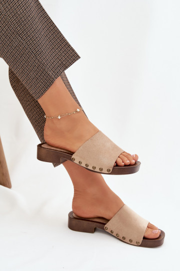 Women's Flat Heel Slippers with Gold Buckles Beige Girella