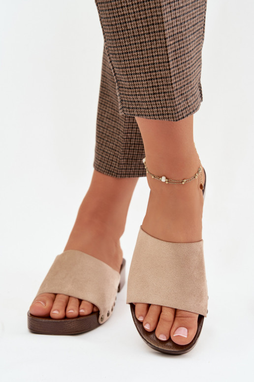 Women's Flat Heel Slippers with Gold Buckles Beige Girella