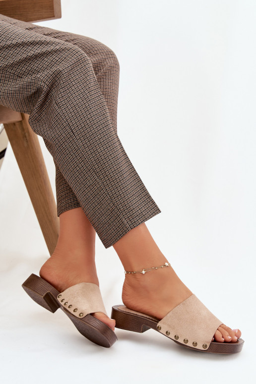 Women's Flat Heel Slippers with Gold Buckles Beige Girella