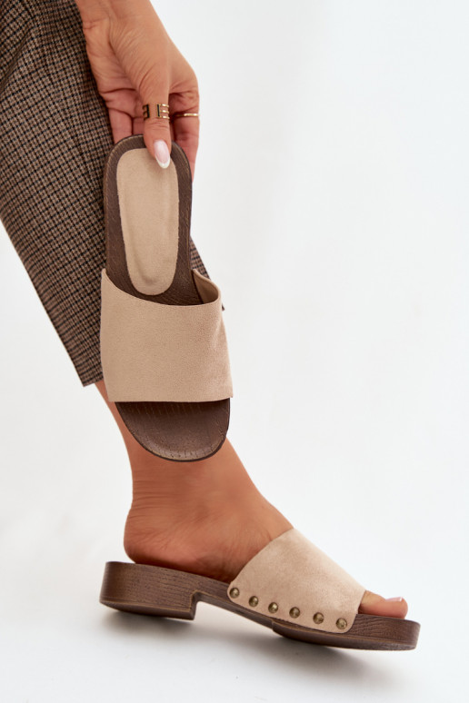 Women's Flat Heel Slippers with Gold Buckles Beige Girella