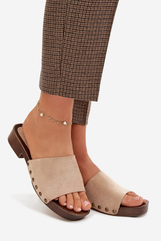 Women's Flat Heel Slippers with Gold Buckles Beige Girella