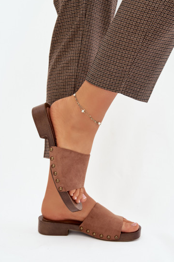 Women s Flat Heel Slippers with Gold Buckles Brown Girella