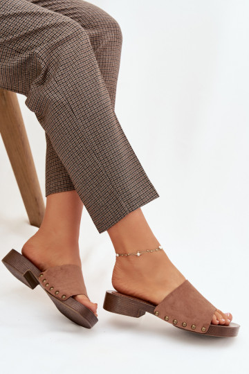 Women s Flat Heel Slippers with Gold Buckles Brown Girella 2