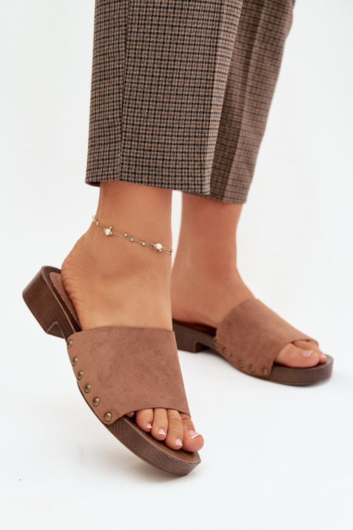 Women s Flat Heel Slippers with Gold Buckles Brown Girella