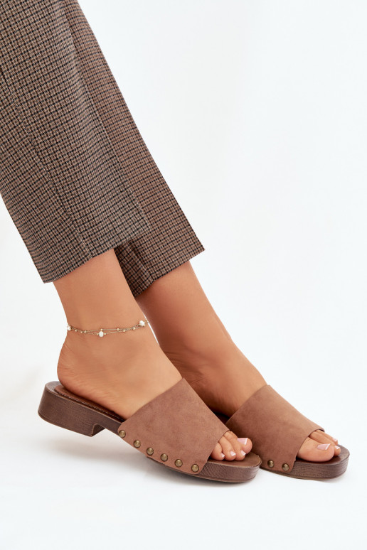 Women s Flat Heel Slippers with Gold Buckles Brown Girella