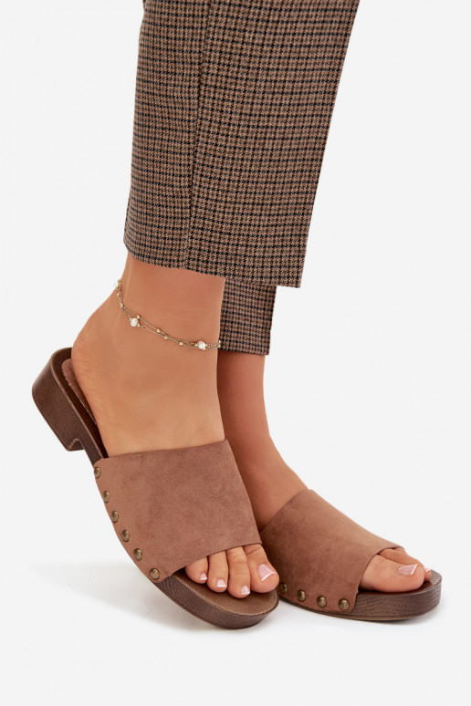 Women s Flat Heel Slippers with Gold Buckles Brown Girella