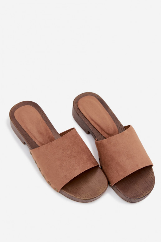 Women s Flat Heel Slippers with Gold Buckles Brown Girella