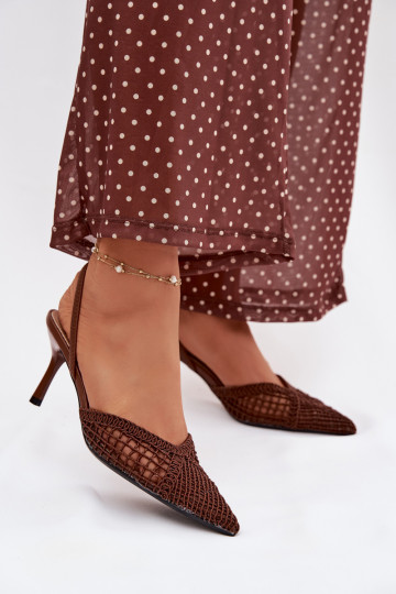 Woven Leather Sandals on Heel Brown Hanelis 2