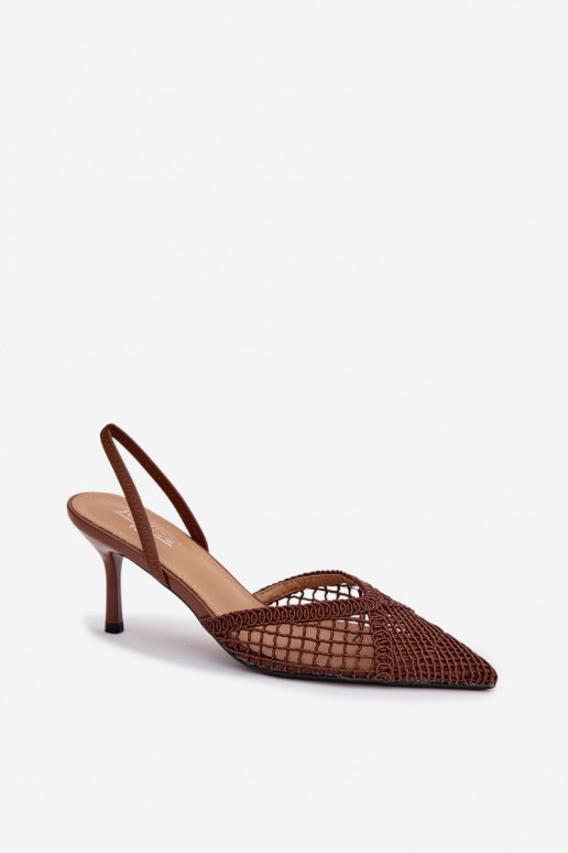 Woven Leather Sandals on Heel Brown Hanelis