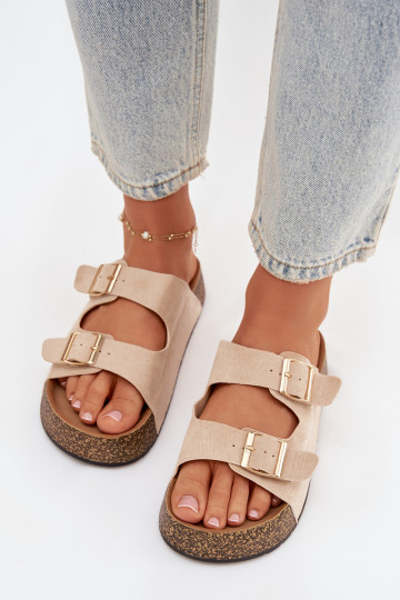 Women's Cork Platform Slides with Gold Clamps Light Beige Tovessa
