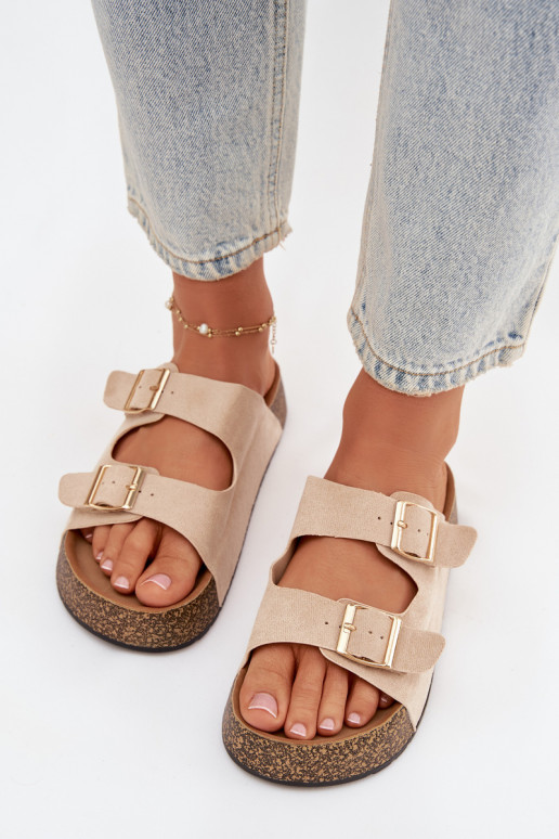 Women's Cork Platform Slides with Gold Clamps Light Beige Tovessa