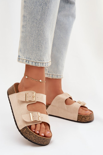 Women's Cork Platform Slides with Gold Clamps Light Beige Tovessa 2