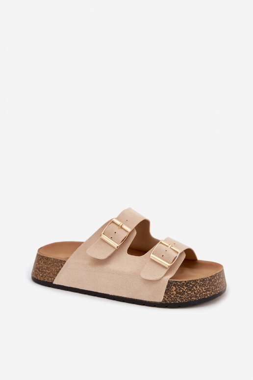 Women's Cork Platform Slides with Gold Clamps Light Beige Tovessa