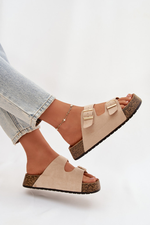 Women's Cork Platform Slides with Gold Clamps Light Beige Tovessa