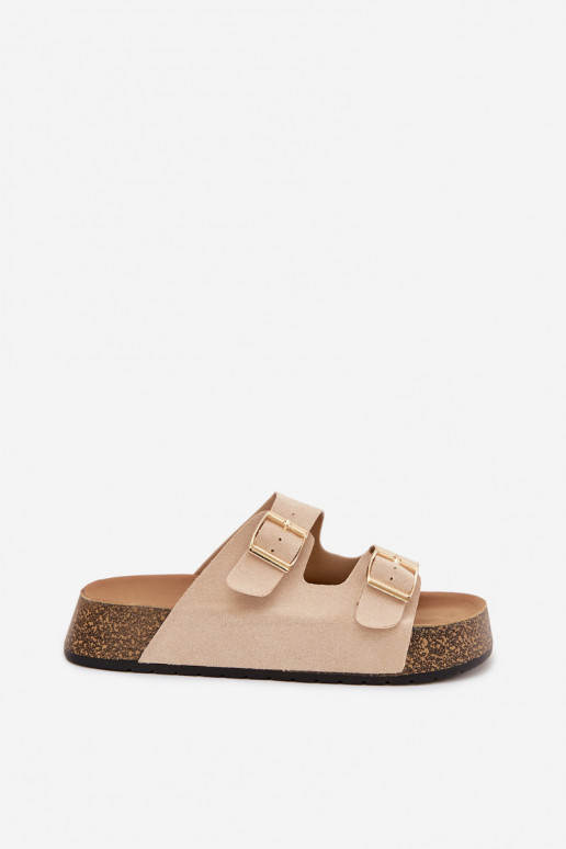 Women's Cork Platform Slides with Gold Clamps Light Beige Tovessa