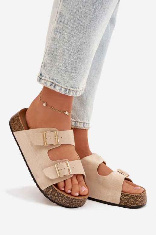 Women's Cork Platform Slides with Gold Clamps Light Beige Tovessa