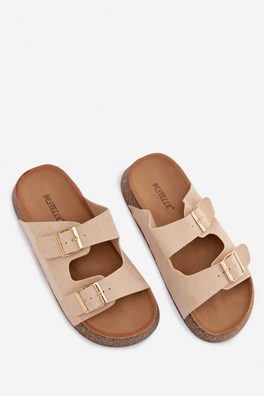 Klapki Damskie Na Korkowej Platformie Ze Złotymi Klamrami Jasnobeżowe Tovessa