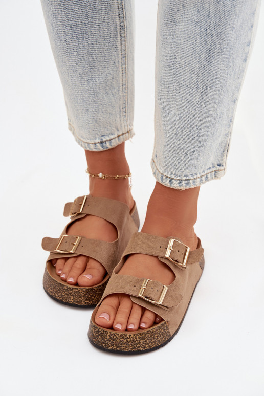 Klapki Damskie Na Korkowej Platformie Ze Złotymi Klamrami Ciemnobeżowe Tovessa