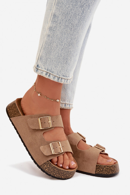 Klapki Damskie Na Korkowej Platformie Ze Złotymi Klamrami Ciemnobeżowe Tovessa