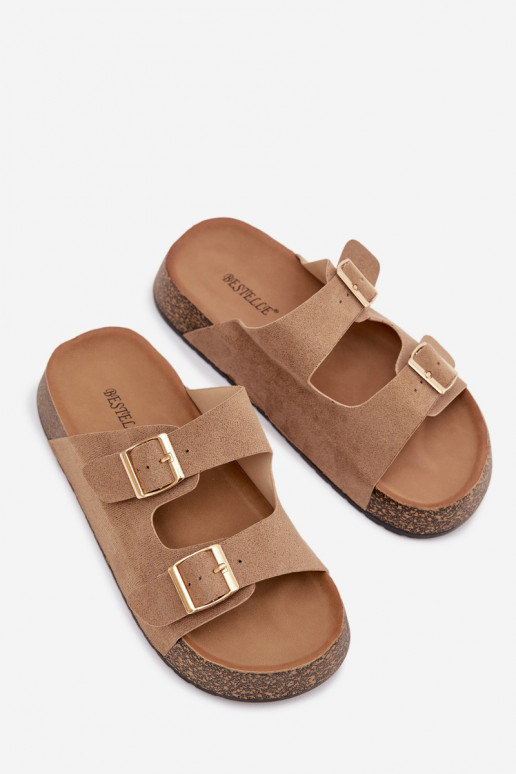 Klapki Damskie Na Korkowej Platformie Ze Złotymi Klamrami Ciemnobeżowe Tovessa