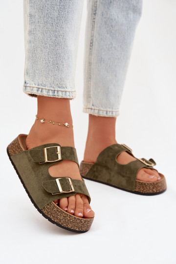 Womens Slippers On Cork Platform With Gold Clamps Green Tovessa