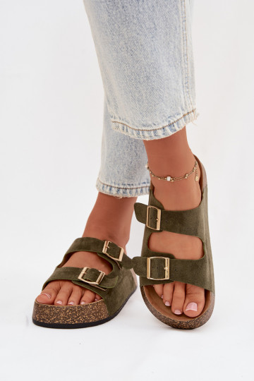 Womens Slippers On Cork Platform With Gold Clamps Green Tovessa 2