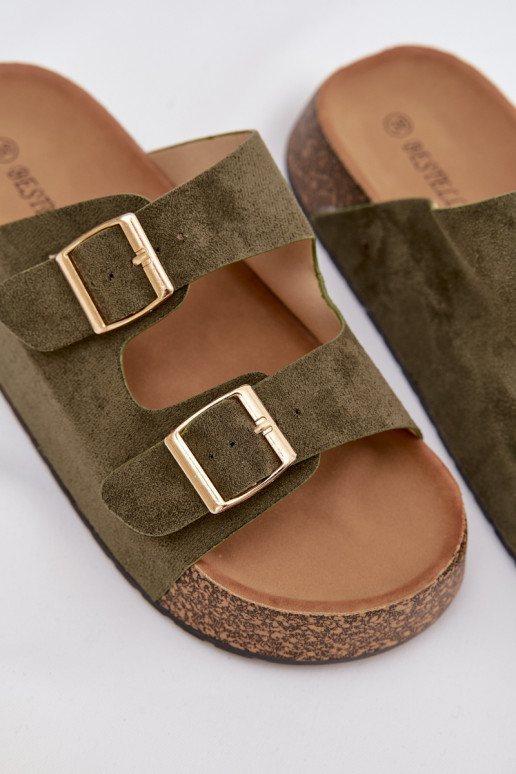 Klapki Damskie Na Korkowej Platformie Ze Złotymi Klamrami Zielone Tovessa