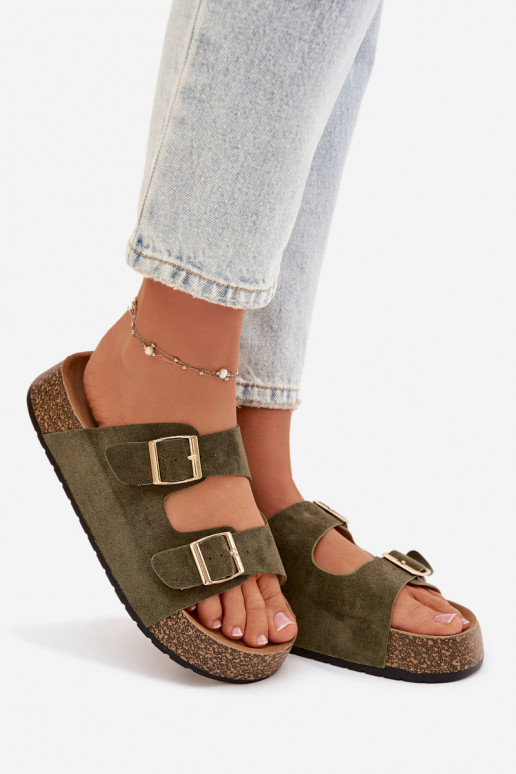 Womens Slippers On Cork Platform With Gold Clamps Green Tovessa