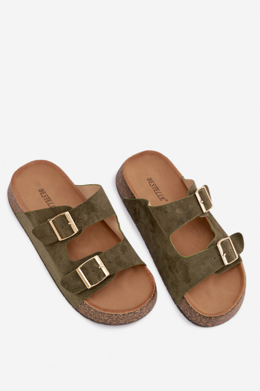 Womens Slippers On Cork Platform With Gold Clamps Green Tovessa